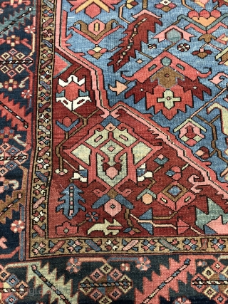 Antique Serapi type Karaja carpet from the late 19c with lovely soft natural dyes including a sky blue.
Even wear just cleaned few small old repairs and last cm of ends expertly rewoven  ...