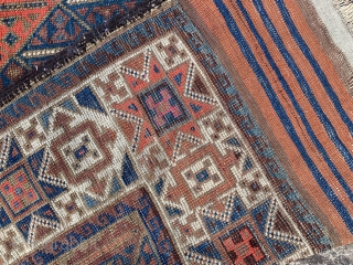 Interesting antique symmetrically knotted Baluch rug that just arrived.  Unusual “tobacco “ star border great graphics in the field 7 ft 7 x 3 ft 10 old tent carpet size. Ca  ...