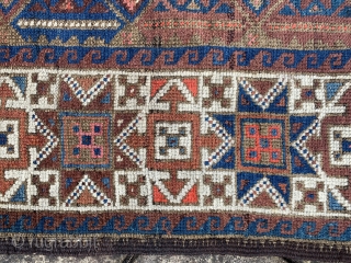 Interesting antique symmetrically knotted Baluch rug that just arrived.  Unusual “tobacco “ star border great graphics in the field 7 ft 7 x 3 ft 10 old tent carpet size. Ca  ...