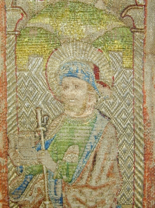 Orphrey panel from a 15C Flemish Chasuble. 
Very well preseved figure and fantastic gold thread work.
                 