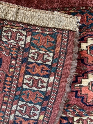 Antique tekke kap or mafrash mid 19 c. Rare border good pile old repair top right ex Leigh marsh collection size 84 x 35 cm        