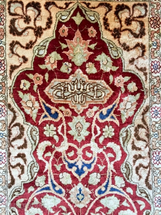 A beautiful all silk and metal thread inscribed and signed Hereke prayer rug ca 1930 in perfect condition soft and floppy no cracking.  Hanging strip to rear and painted Dutch import  ...