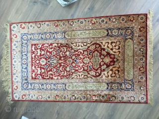 A beautiful all silk and metal thread inscribed and signed Hereke prayer rug ca 1930 in perfect condition soft and floppy no cracking.  Hanging strip to rear and painted Dutch import  ...