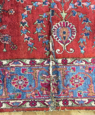 Really lovely antique all silk kashan rug ca 1880 natural dyes very fine but unfortunately cracking around outside borders and has two splits and a worn fold.  It is lightly tacked  ...