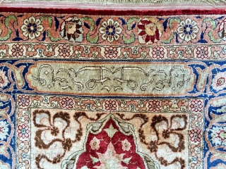 A beautiful all silk and metal thread inscribed and signed Hereke prayer rug ca 1930 in perfect condition soft and floppy no cracking.  Hanging strip to rear and painted Dutch import  ...