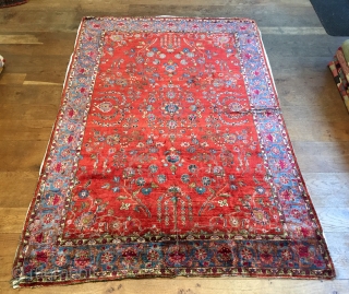 Really lovely antique all silk kashan rug ca 1880 natural dyes very fine but unfortunately cracking around outside borders and has two splits and a worn fold.  It is lightly tacked  ...