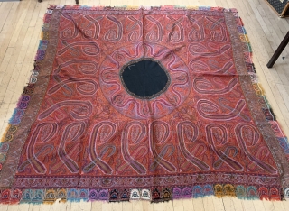 Nice Antique Kashmir shawl signed ca 1860 size approx 6 ft x 6 ft 3 
Few small holes but centre pretty much complete for a change.  Lovely design and colours  
