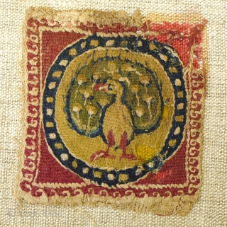 pair of incredibly fine slit tapestry square ornaments Egypt, Byzantine period 640 -660 ad about 6x6 cm each. Original unfaded colours and basically good condition have been stuck to backing cloth and  ...