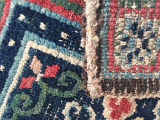Lovely antique Tibetan saddle rug 3 rd qtr 19c very old for a Tibetan piece
All good colours fluffy clouds !             