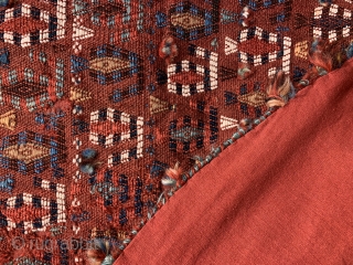 Rare antique qashqai bokche ca 1880.  Used to wrap gifts at the wedding ceremony lovely size and unusual warp faced brocade technique.  Several  holes have been backed and the  ...