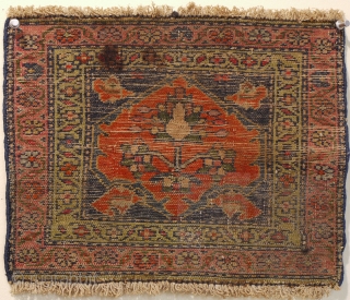unusual Ferehan area chanteh bag face late 19C size 34 x 29 cm. Finely woven good pile selvedges not original colours seem ok slight tip fading to outer pinky border   