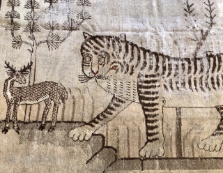 Lovely antique Khotan tiger late 19 c size 95 x 53 inches
Handspun cotton foundations unusually the red outer border seems  to be natural dyes so could be a bit earlier
Could use  ...