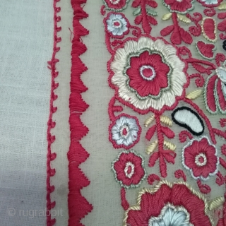 
Eastern European embroidery, about 1900. Silk embroidered on wafer-thin, transparent fabric. Very fine work. Probably once a folklore textile.Beautiful colors, good condition, small restored area, small holes, but do not disturb the  ...