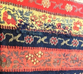 Termeh Iran
very old (about 1900 or earlyer), also very fine quality in wool, with beautiful coulours.

Of Course there are some wholes and some of them are stuffed (like on the Foto), but  ...