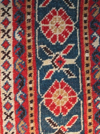 Small Qashqai, possibly Kashkuli subtribe, very fine and exquisite weaving, 155 x 105 cm. All original with just a little wear to the selvages, dark blue ground, 1860-1870. All good magnificient colours!  ...