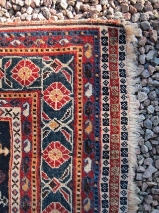 Small Qashqai, possibly Kashkuli subtribe, very fine and exquisite weaving, 155 x 105 cm. All original with just a little wear to the selvages, dark blue ground, 1860-1870. All good magnificient colours!  ...