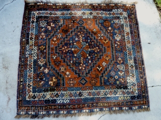 A nice squarish South Persian piece. It has a good array of small designs, great borders and beautiful colors. It is an unusual size of 40.6inches x 38inches with fringe.   