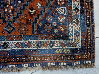 A nice squarish South Persian piece. It has a good array of small designs, great borders and beautiful colors. It is an unusual size of 40.6inches x 38inches with fringe.   