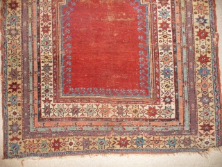  SOLD  Lovely antique Ottoman prayer rug, beautiful colours,original sidecords,reamains of kelim top and bottom, 5ft4ins x 4ft.
See it in London at KARMA         