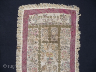  SOLD OTTOMAN PRAYER CLOTH : 18th Century : 3ft x 2ft

Ethereal and decorative hanging made of various sections of 18th century  
Ottoman embroidery.        