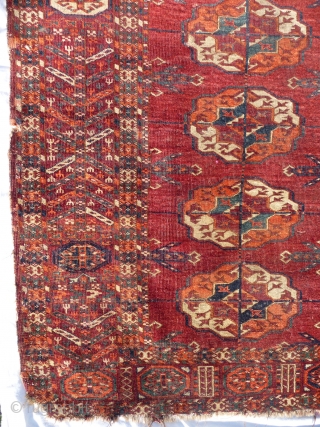  SOLD  Tekke Turkman Main Carpet: 18th cent.: 6ft8ins x 6ft5ins

An exceptionally beautiful and rare carpet with a decorated tree border, thin dry parchment handle, turquoise green, complete and in "as  ...