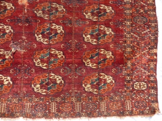  SOLD  Tekke Turkman Main Carpet: 18th cent.: 6ft8ins x 6ft5ins

An exceptionally beautiful and rare carpet with a decorated tree border, thin dry parchment handle, turquoise green, complete and in "as  ...