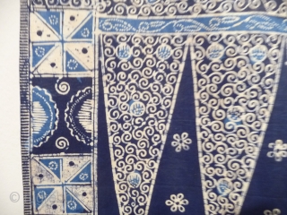 JAVA:  A superb antique indigo dyed batik from Java c.1900 , fine cotton with a glazed finish , unused,  approx. 6ft x 3ft5in        