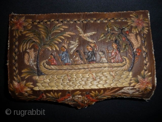  SOLD An exceptional Huron birch bark casket c.1820. charming scenes from American Indian life depicting a family in a canoe, a couple embracing, pipe smoking etc. exquisitely embroidered in dyed quill-work.  ...