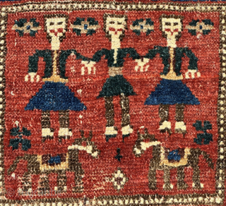 Unusual Piled Shahsavan Bag Face
34 × 36 cm (1' 1" x 1' 2")
Azerbaijan, second half 19th century
Condition: good, low pile in places, minor small repairs, signs of use at upper end
Warp: wool,  ...