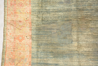Angora Ushak, for me it's end 19th century and it has low pile in mid and 3 repile places which are not good enough.
It's size is 324 x 290 cm.
   