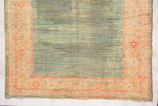 Angora Ushak, for me it's end 19th century and it has low pile in mid and 3 repile places which are not good enough.
It's size is 324 x 290 cm.
   
