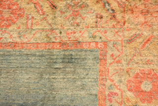 Angora Ushak, for me it's end 19th century and it has low pile in mid and 3 repile places which are not good enough.
It's size is 324 x 290 cm.
   