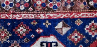 
A 19th Century Memling-gul Kazak

Size 133 x 202 cm

Great colours, including aubergine, pale green, yellow, two reds and two blues
Interesting borders with a naively drawn 'crab border' at one end. Pile is  ...