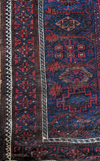  
A late 19th/early 20th century Baluch (Timuri/Sangtschuli) rug size 168x108cms

A classic compartmental design with a variety of Baluch guls in overall fair/good condition.Losses to both kilim ends which are extant but  ...