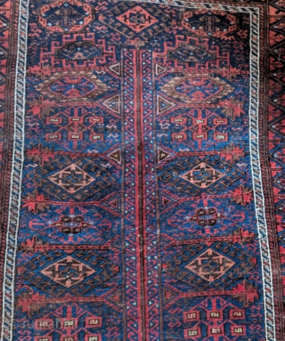  
A late 19th/early 20th century Baluch (Timuri/Sangtschuli) rug size 168x108cms

A classic compartmental design with a variety of Baluch guls in overall fair/good condition.Losses to both kilim ends which are extant but  ...