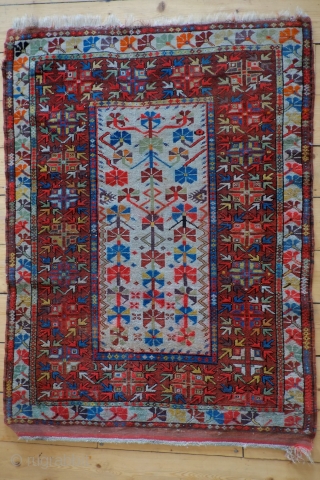 A late 19th century Melas/Milas Western Anatolian Prayer rug size 120 x 90cm
An unusual design very carefully drawn with a wide range of colours (including a fugitive red which has left minor  ...