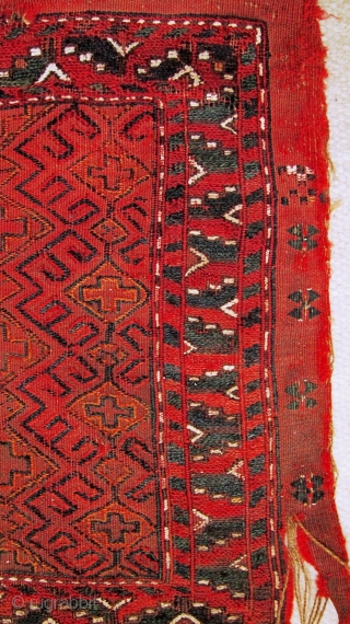 A Turkman brocaded Torba,possibly Yomut, probably late 19th century.
Size; main panel       122 x 48cm
      secondary panel  122 x 14cm
   ...