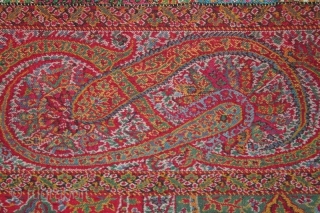 Antique indian 1850th century kashmir shawl.very unique & rare design.colours are incredible very bright condition of square is like new.

Size 7 feet by 7 feet        