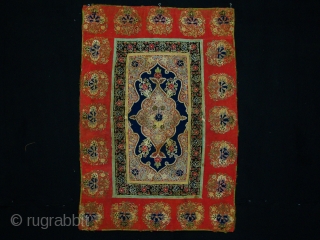 probably Resht textiles. 
ca: 19th. size: 112x80 cm
silk handwork on textiles.
the textile has the traditional design of central medallion with flowers motifs in beautiful colouring
if you have any questions or need more  ...