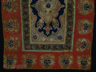 probably Resht textiles. 
ca: 19th. size: 112x80 cm
silk handwork on textiles.
the textile has the traditional design of central medallion with flowers motifs in beautiful colouring
if you have any questions or need more  ...