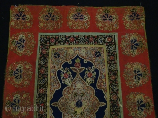 probably Resht textiles. 
ca: 19th. size: 112x80 cm
silk handwork on textiles.
the textile has the traditional design of central medallion with flowers motifs in beautiful colouring
if you have any questions or need more  ...