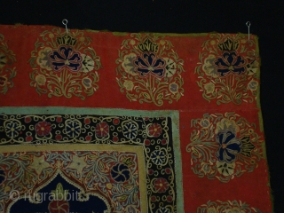 probably Resht textiles. 
ca: 19th. size: 112x80 cm
silk handwork on textiles.
the textile has the traditional design of central medallion with flowers motifs in beautiful colouring
if you have any questions or need more  ...