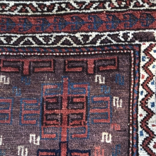 An early Baluch rug, 3'7" X 5' remnants of Killim on both ends. Old overcast on the sides. Extremely glossy and deeply saturated with great dyes pashmina wool pile. Finely knotted as  ...