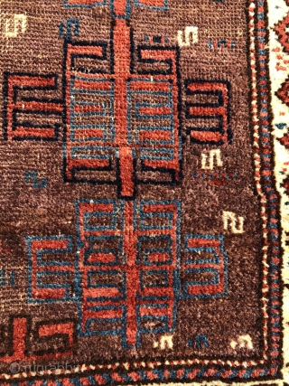 An early Baluch rug, 3'7" X 5' remnants of Killim on both ends. Old overcast on the sides. Extremely glossy and deeply saturated with great dyes pashmina wool pile. Finely knotted as  ...