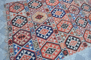Semi antique Caucasian Shirvan kilim, ~80-100 years old. Wool on wool. Size 150x290cm, 4'11" x 9'6". It has some wear, as seen in the photos, some color run, but good overall condition. 