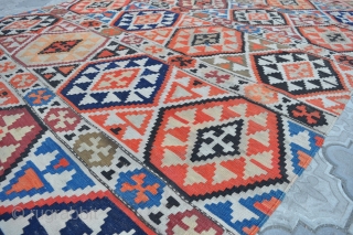 Semi antique Caucasian Shirvan kilim, ~80-100 years old. Wool on wool. Size 150x290cm, 4'11" x 9'6". It has some wear, as seen in the photos, some color run, but good overall condition. 