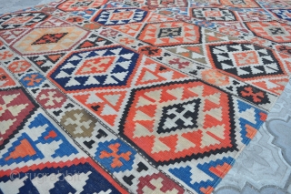 Semi antique Caucasian Shirvan kilim, ~80-100 years old. Wool on wool. Size 150x290cm, 4'11" x 9'6". It has some wear, as seen in the photos, some color run, but good overall condition. 