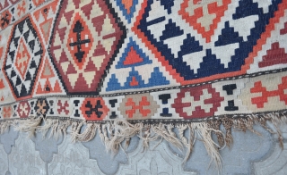 Semi antique Caucasian Shirvan kilim, ~80-100 years old. Wool on wool. Size 150x290cm, 4'11" x 9'6". It has some wear, as seen in the photos, some color run, but good overall condition. 