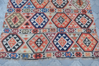 Semi antique Caucasian Shirvan kilim, ~80-100 years old. Wool on wool. Size 150x290cm, 4'11" x 9'6". It has some wear, as seen in the photos, some color run, but good overall condition. 