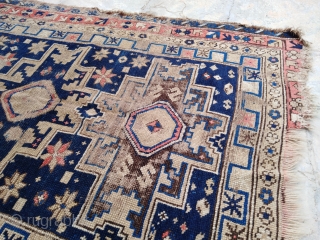 Antique Caucasian Rug, Kuba Shirvan Lesghi Star, condition as seen at pictures, a lot of wear, but it still has its charm! ~Size 3'4"x4'10" (100x150cm).        